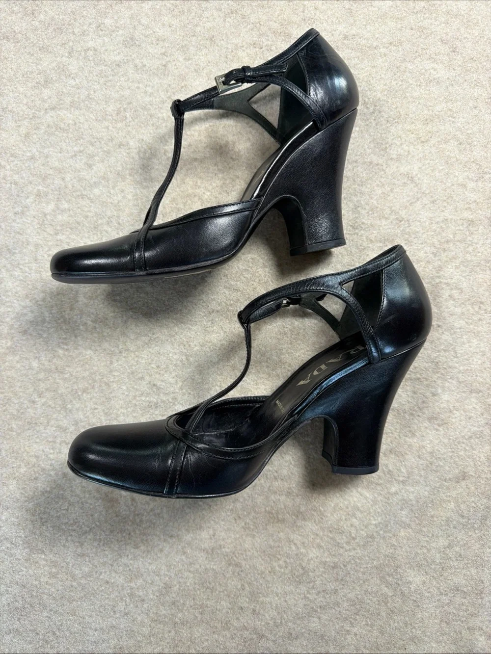Prada Black Leather T-Strap Block Heel Pumps